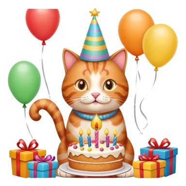 Ginger tabby cat celebrating birthday, birthday hat, birthday cake, balloons, happy, gifts sticker