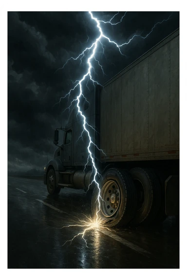 a flat tire from a semi truck on the highway, dramatic lightning bolt hitting it, realistic illustration sticker
