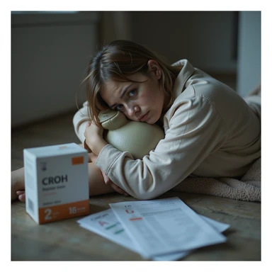hyperrealistic 4K image of a woman in pajamas, curled up on the bathroom floor, hugging a hot water bottle, medical reports with 'Crohn' and biologic drug box next to her, pale skin and tired eyes sticker