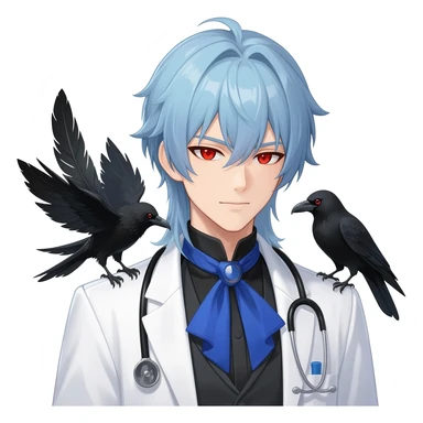 Il Dottore from Genshin Impact; Alchemist handsome anime man with light-blue beautiful hair, handsome sexy, long hair tendril bangs down on the sides, white lab coat, blue cravat, black feathers on shoulder, raven companion, black gloves, red eyes sticker