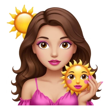 girl with long wavy brown hair, brown eyes, long lashes makeup, sexy pink lips, light to medium complexion, wearing a pink sexy silk top, holding the sun icon  sticker