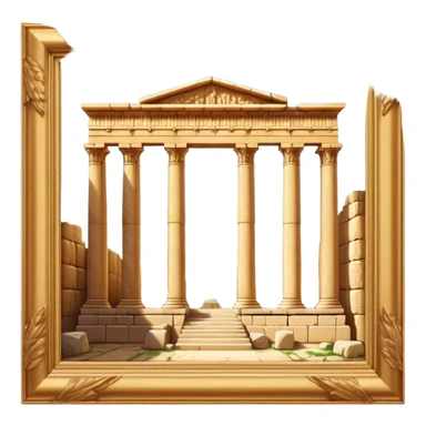 Baalbek temple – Cinematic Realistic Baalbek Temple, depicted as an ancient Roman temple complex with towering columns and intricately carved stone details, bathed in golden sunlight and dramatic shadows that evoke timeless historical grandeur. sticker