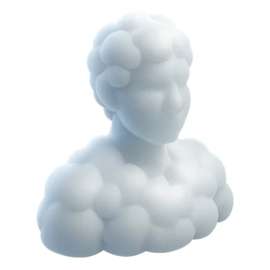 person made entirely of white fluffy convex clouds, shoulder up, front view, matte glass style, no background sticker