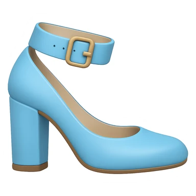 Edit the image to depict a light blue high heel shoe with a slightly flatter and very thick heel in the style of Apple emojis. The background should be transparent. sticker