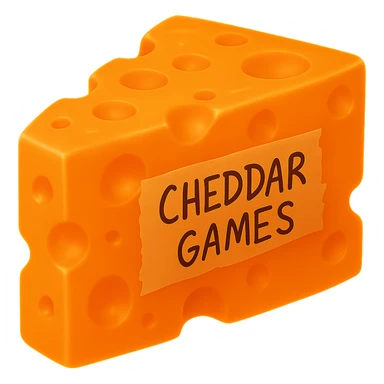Add an orange glow coming off the cheese block. Keep everything else the same, including the 'CHEDDAR GAMES' tape. The style should remain consistent with the original image, which has no background. sticker