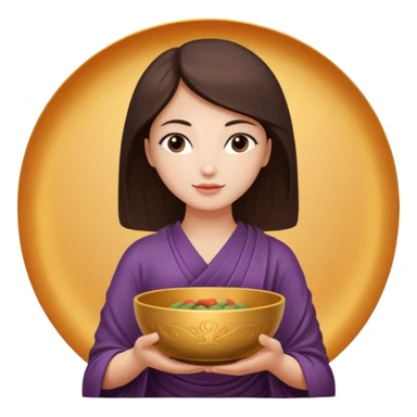 A woman  holds a Buddhist bowl in her hands. There is a glow around the girl. sticker