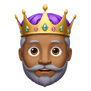 Create a cartoon-style emoji of Baltasar, one of the Three Wise Men. Only show his face and crown. He is older, with a black beard showing streaks of gray, joyful wrinkles, and a purple and gold jeweled crown. Express warmth and wisdom. Colorful and simple, suitable as an emoji. sticker