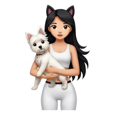 A girl with long black hair who wears white crop top and black legging, she is hugging a west highland terrier with big ears in her arm sticker