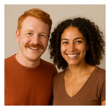 ginger man with brown eyes and ginger mustache, with a brown curly haired woman with green eyes and tan skin, both cheerful, upper body, simple background sticker