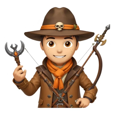male human monster hunter emoji, wearing brown leather coat and wide hat, holding crossbow, with amulet shaped like skull, Halloween fantasy theme, confident smile, orange scarf, Apple emoji style, clean white background, square image sticker