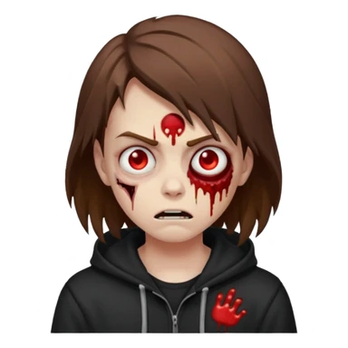 sleepy zombie character, brown jagged hair, black hoodie, emoji look sticker