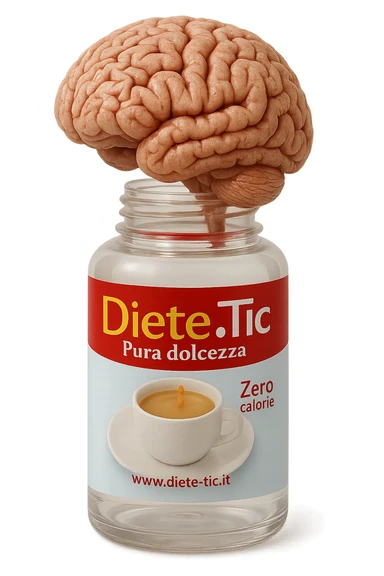boccetta di dolcificante aperta da cui dentro esce un cervello anatomico umano, iperrealistico 4k sticker