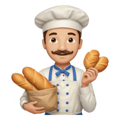 Middle aged male pastry chef - with a mustache, apron, white hat, holding a bag of bread sticker