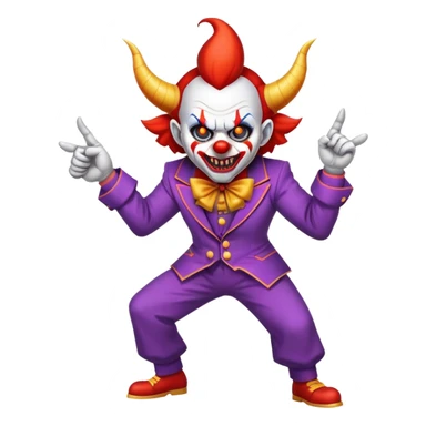 evil clown with horns, fangs, pointed ears, leisure suit, battle-ready, fighting posture sticker