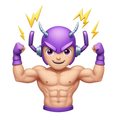cute purple bug with confident narrowed eyes, strong flexing muscular arms, a fun happy smiling expression, and electric lightning bolt arms sticker