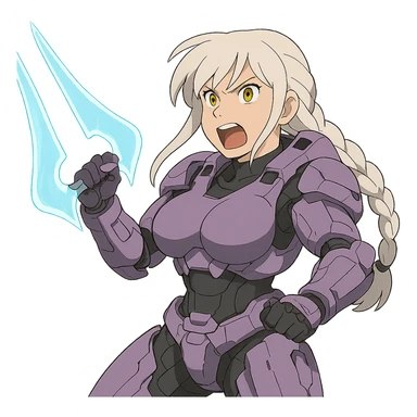 female, wearing reach spartan armor default, long white braid hair with massive messy front side single bangs, gold yellow eyes, attention pose, HALO:series, no helmet, the armor is lavender color scheme, shoulder pad off. DDD bust size fitting. Punk gothic cyberpunk, brandishing a covenant energy sword, preparing to swing and yelling sticker