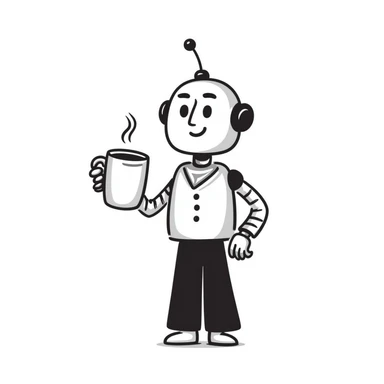 A hand-drawn robot character happily holding a coffee mug sticker