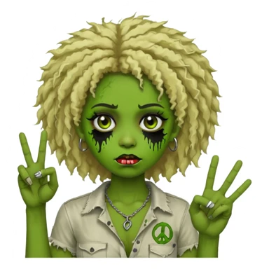 girl, green zombie,blonde afro, medium long, shaggy, dark, spooky,double eyebrow dermal piercing,peace sign sticker