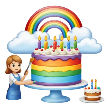 artist painting rainbow birthday cake with clouds landscape  sticker