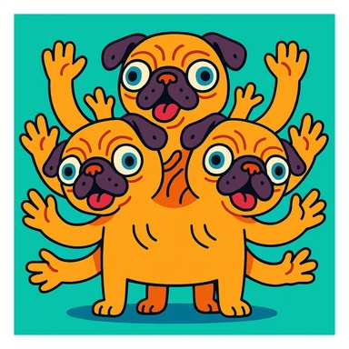 fun and creative surreal pug with three heads, each head sprouting three arms, and a tiny divot in every ear sticker