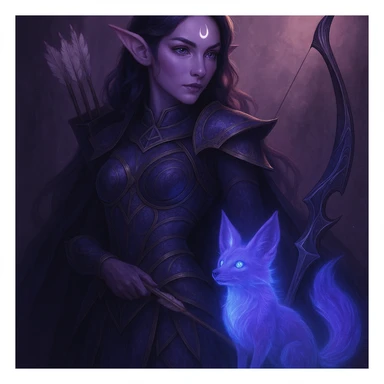 Add a magical pet companion, such as a glowing spirit fox or small dragon, beside the purple fantasy elf archer. Keep the fantasy theme and color harmony in a style consistent with the original image. sticker