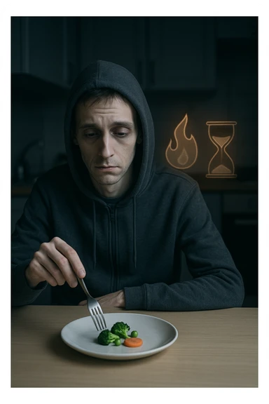 Slim man in his 30s sitting at a table with a tiny portion of food, looking tired and cold, wearing a hoodie indoors. Pale skin, low energy expression, dark circles under eyes. His plate has only a few vegetables and no protein or carbs. Dim kitchen background, slow metabolism symbolized by a dimmed internal flame or sluggish hourglass near him. sticker