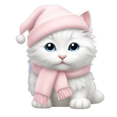 fluffy white winter kitten with pale pink christmas hat and pale pink scarf sticker