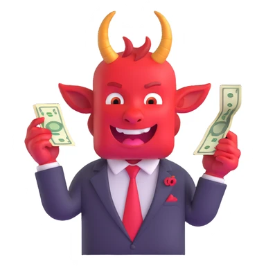 red devil with horns in business suit counting cash with greedy expression sticker