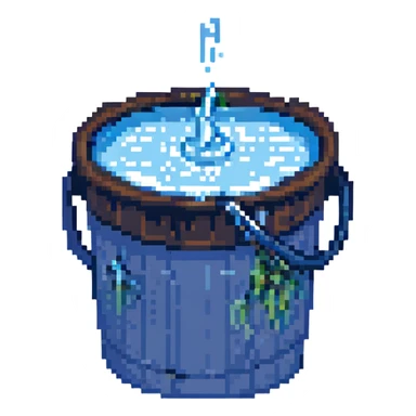 blue bucket of water with a visible leak, water dripping out sticker