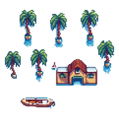 cozy seaside cottage on a sandy shore, pixel art emoji style, 32x32, vibrant colors, blue water, palm trees and boats in the distance sticker
