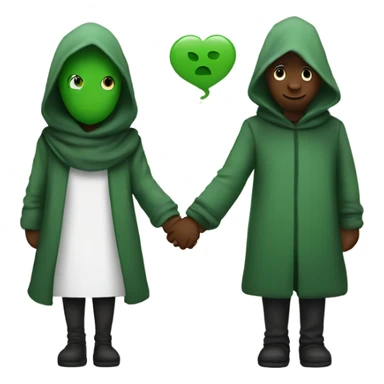 Hooded alian with green skin holding hands with a other person. 2 people in the picure sticker