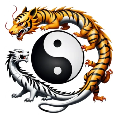 An icon symbolizing Eastern martial arts in the style of an emblem, featuring a black-and-white Yin-Yang symbol, a dragon, and a tiger. The dragon and tiger represent strength and agility, surrounding the symbol. Traditional elements like bamboo add to the design. Transparent background. sticker