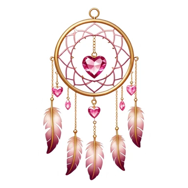 Reddish-pinkish and gold and white warm-colored romantic lush beautiful pretty hanging crystal-catcher aesthetic with hearts and sparkles and feathers sticker