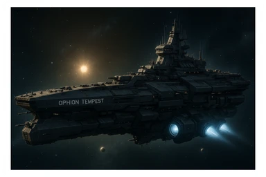 capital class space cruiser supercarrier of Zrian [human] origins, named the "Ophion Tempest" sticker