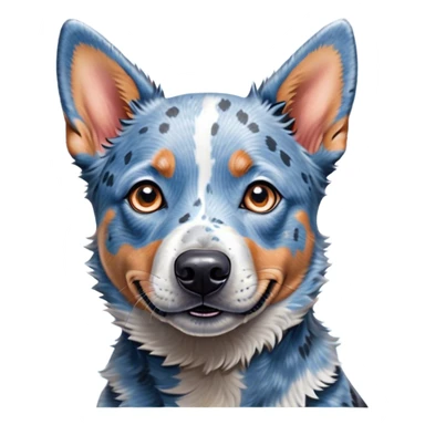 Cinematic Cute Blue Speckle Australian Cattle Dog Portrait Emoji, Head tilted playfully and inquisitively, featuring a vibrant blue speckle Fur with dynamic patterns, round, sparkling blue eyes filled with curiosity, Simplified yet irresistibly adorable features, highly detailed, glowing with a warm, friendly glow, high shine, affectionate and energetic, stylized with a touch of whimsy, bright and endearing, soft glowing outline, capturing the essence of a mischievous yet loving pup, so playful it feels like it could bound out of the screen and into your arms! sticker