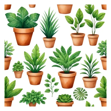 A stylized collection of leafy green plants in boho-inspired pots, arranged artistically in a watercolor painting. sticker
