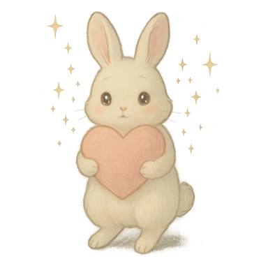 full-body milky white bunny with sparkling eyes, holding a big heart, sparkles floating around, dreamy pose, soft pastel Ghibli look sticker