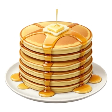 Cinematic fluffy golden pancakes, stacked high, drizzled with maple syrup, topped with fresh butter melting on top, light dusting of powdered sugar, warm and inviting, soft glow and mouthwatering. sticker