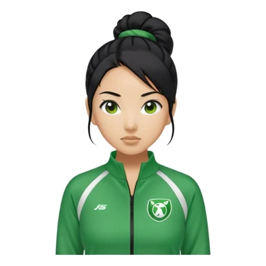 Cha: Age Late 50s, a Asian woman with black hair tie, Green player tracksuit sticker