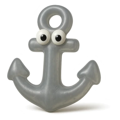 hyper-detailed retro 90's toy style anchor, very transparent, natural metallic gray, soft plastic, derpy eyes, soft reflections, soft and squishy, some cloudiness, not shiny, highly detailed, appealing, no tag, no background sticker
