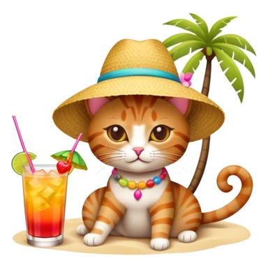 Cat with sunhat relaxing on beach with colorful mai tai cocktail sticker