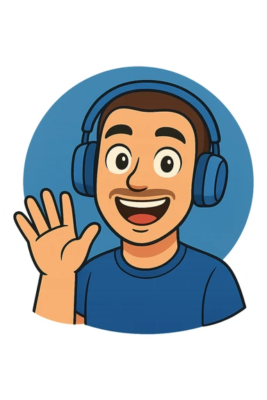 Create a variant of the cartoon style image with the character wearing blue headphones instead of black and red, keeping the same cartoon style and character details. sticker
