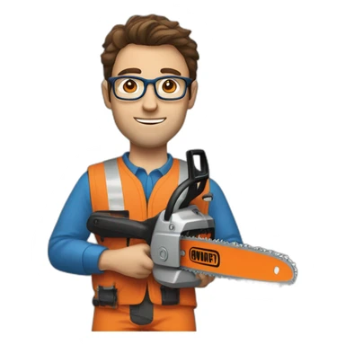 a guy with brown hair, square glasses, an orange repairman's suit, blue eyes, with a chainsaw sticker