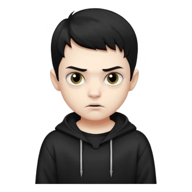 Vampire boy with the short black hair, pale-white skin, black eyes, little fangs and dark circles under his eyes. He has serious face and he wear a black oversize sweatshot sticker