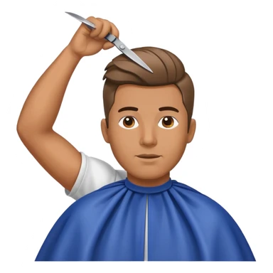 a man with a large face, wearing a barber cape, having his hair cut with scissors above his head sticker