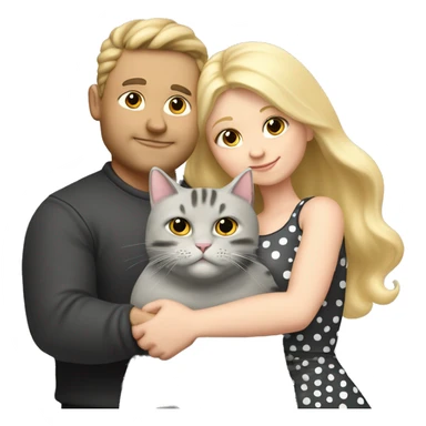 3 objects - a beautiful blonde with long hair and a polka-dotted dress, a bald handsome man in a cap and a rock T-shirt, and a fat gray cat with black spots. The man hugs the blonde and holds the cat in his hands sticker