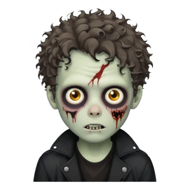 zombie boy messy curly hair black jacket white tee shirt sticker