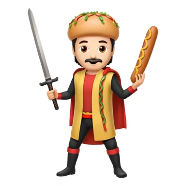 Middle aged attractive man wearing a hot dog costume wielding a katana sticker
