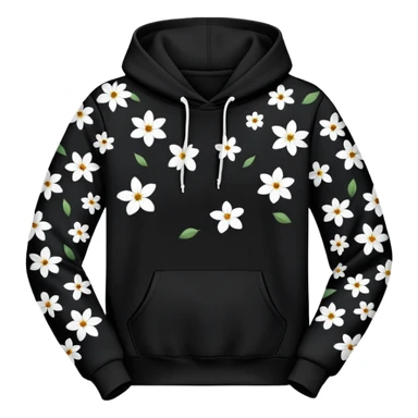 The BLACK Hoodie features a black base with distinctive white and black  open flower spots with empty space in the middle, These hollow ring-like patterns are scattered across. BLACK AND WHITE FLOWERS SPACED OUT FLOWERS, AND ONLY A FEW FLOWERS AND NO DOTS, NO VINES sticker