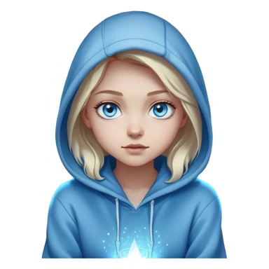 Cinematic girl with large sparkling blue eyes wearing a hoodie sitting, Ultra realistic 32k HD, hauntingly beautiful, Balanced features, highly detailed, glowing, high shine, enchanting, ghostly, dreamy glow, complex pose. The image is so lifelike it could leap off the canvas at any moment sticker